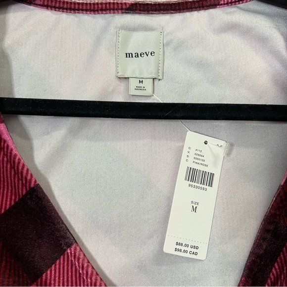 NWT Maeve Velvet Pink Maroon Plaid Puff Sleeve Top Low Cut Size Medium - Picture 5 of 12